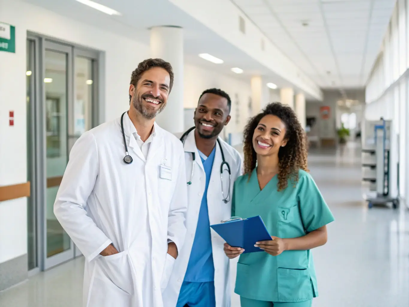 A group of Dash Medical staff in uniform, smiling and interacting with medical professionals in a hospital setting, emphasizing their collaborative partnerships.