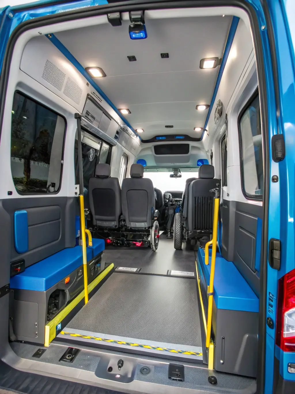 A modern, spacious bariatric transport vehicle with a ramp, ensuring comfortable and safe transport for a patient with mobility challenges.